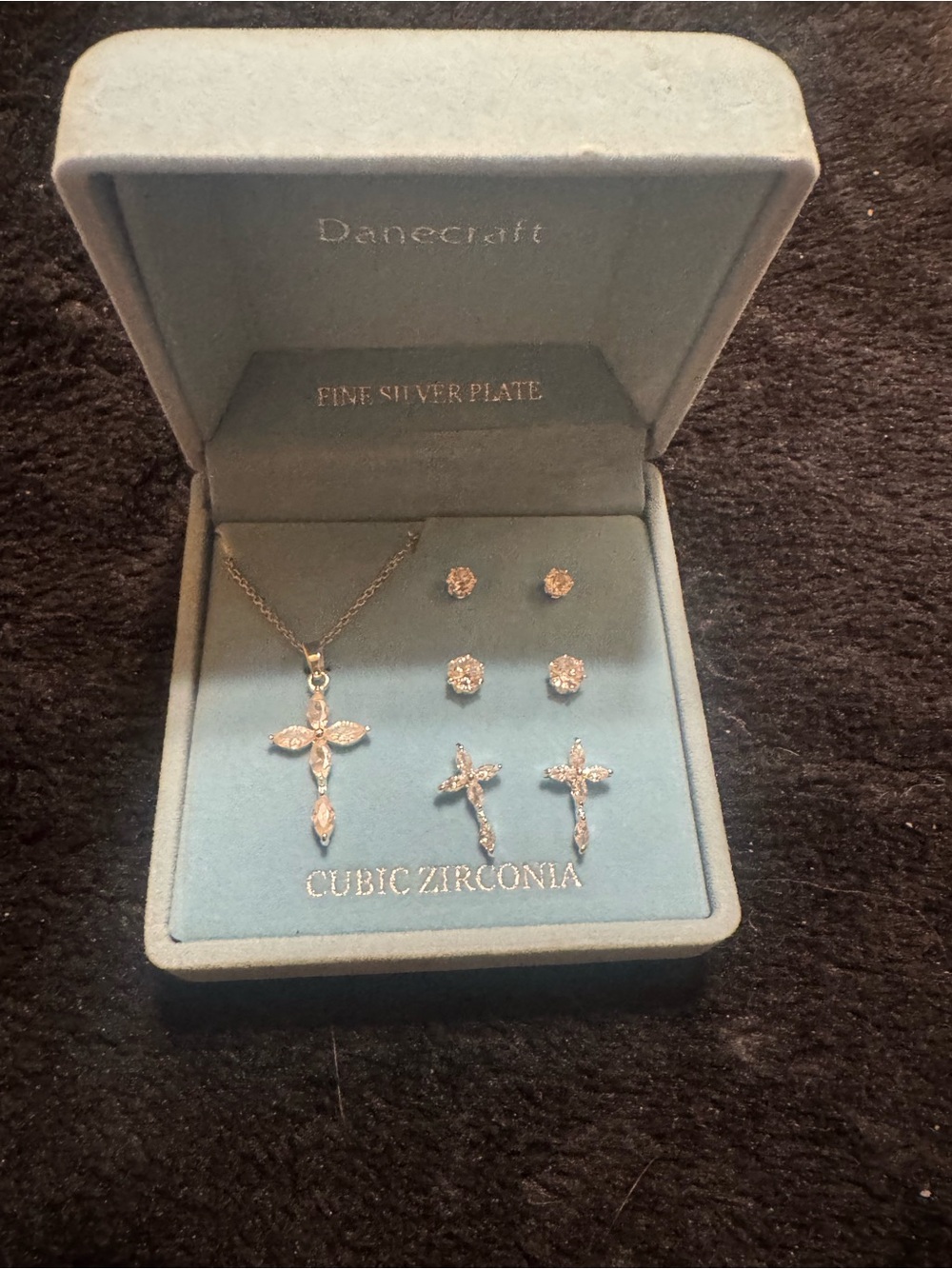 Danecraft Silver-Plated Cubic Zirconia Cross Necklace & Earring Set - Light Blue